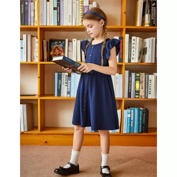 Arshiner Girls Dress Flutter Sleeve A-Line Button Down Sundress Casual Midi Dresses for 4-12 Years Kids