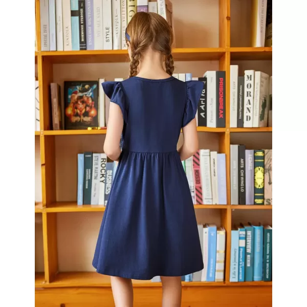 Arshiner Girls Dress Flutter Sleeve A-Line Button Down Sundress Casual Midi Dresses for 4-12 Years Kids