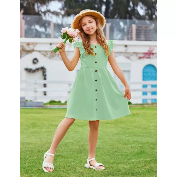 Arshiner Girls Dress Flutter Sleeve A-Line Button Down Sundress Casual Midi Dresses for 4-12 Years Kids