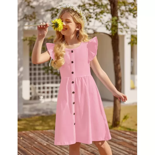 Arshiner Girls Dress Flutter Sleeve A-Line Button Down Sundress Casual Midi Dresses for 4-12 Years Kids