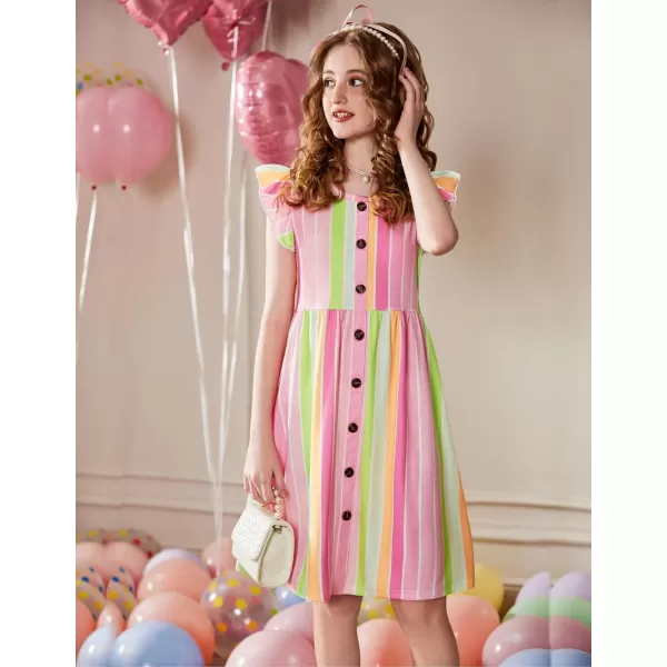 Arshiner Girls Dress Flutter Sleeve A-Line Button Down Sundress Casual Midi Dresses for 4-12 Years Kids