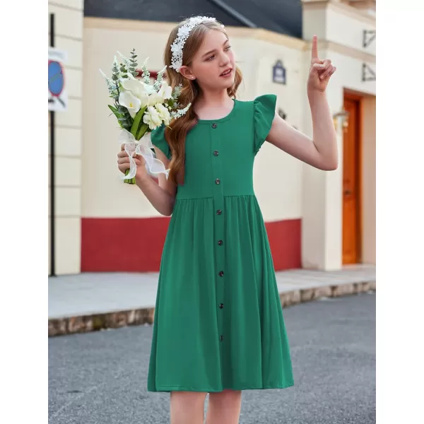 Arshiner Girls Dress Flutter Sleeve A-Line Button Down Sundress Casual Midi Dresses for 4-12 Years Kids