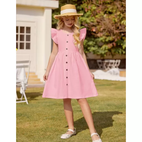 Arshiner Girls Dress Flutter Sleeve A-Line Button Down Sundress Casual Midi Dresses for 4-12 Years Kids
