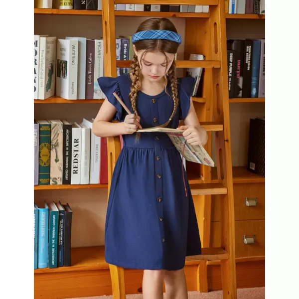 Arshiner Girls Dress Flutter Sleeve A-Line Button Down Sundress Casual Midi Dresses for 4-12 Years Kids