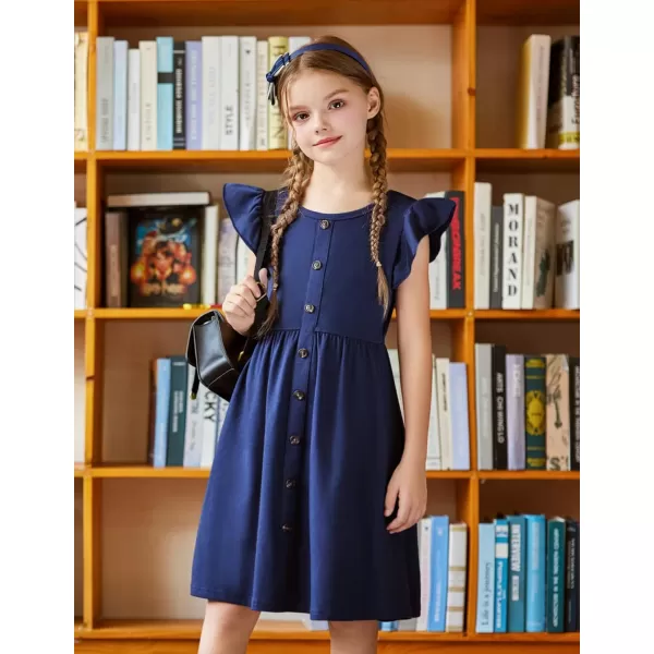 Arshiner Girls Dress Flutter Sleeve A-Line Button Down Sundress Casual Midi Dresses for 4-12 Years Kids