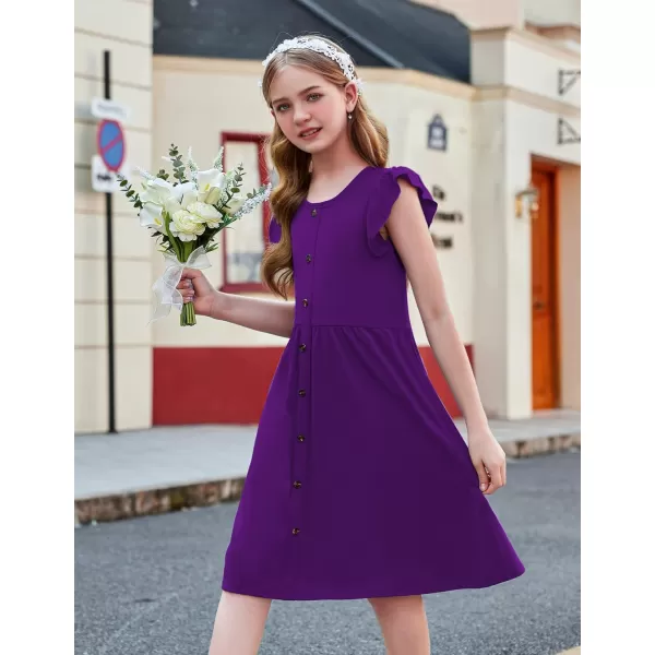 Arshiner Girls Dress Flutter Sleeve A-Line Button Down Sundress Casual Midi Dresses for 4-12 Years Kids