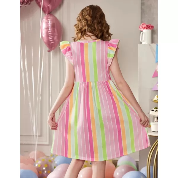 Arshiner Girls Dress Flutter Sleeve A-Line Button Down Sundress Casual Midi Dresses for 4-12 Years Kids