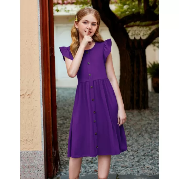 Arshiner Girls Dress Flutter Sleeve A-Line Button Down Sundress Casual Midi Dresses for 4-12 Years Kids