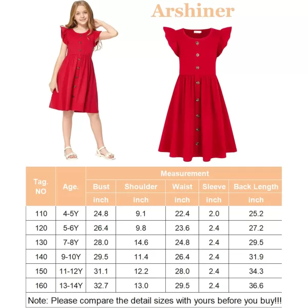 Arshiner Girls Dress Flutter Sleeve A-Line Button Down Sundress Casual Midi Dresses for 4-12 Years Kids