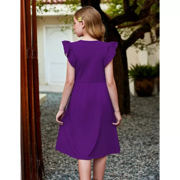 Arshiner Girls Dress Flutter Sleeve A-Line Button Down Sundress Casual Midi Dresses for 4-12 Years Kids
