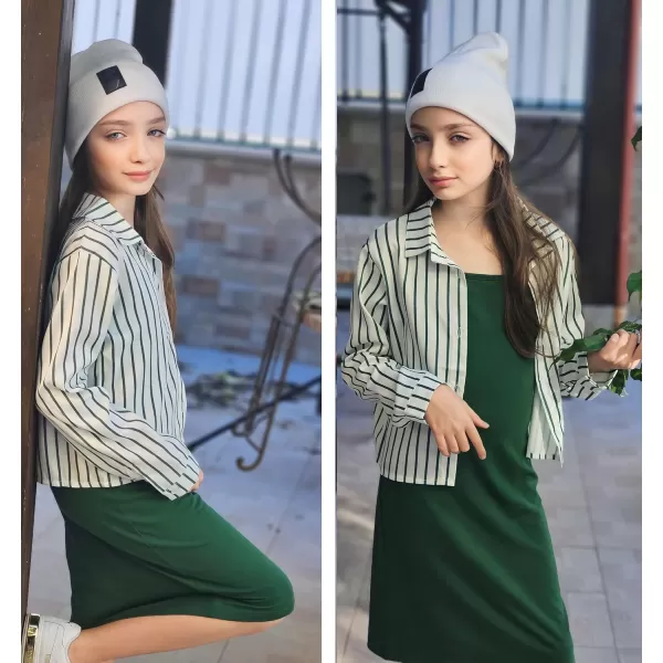 Arshiner Girls Dresses 2 Piece Outfit Cami Dress with Crop Button Up Blouse Shirt Clothing for 5-12 Years