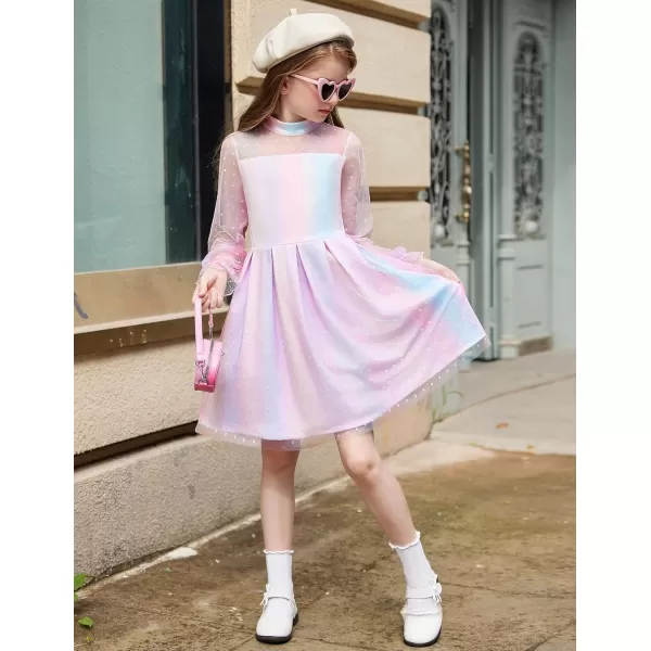 Arshiner Girls Dresses Contrast Mesh Puff Long Sleeve Mock Neck Formal Party A Line Short Tulle Dress