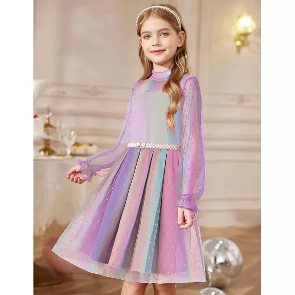 Arshiner Girls Dresses Contrast Mesh Puff Long Sleeve Mock Neck Formal Party A Line Short Tulle Dress