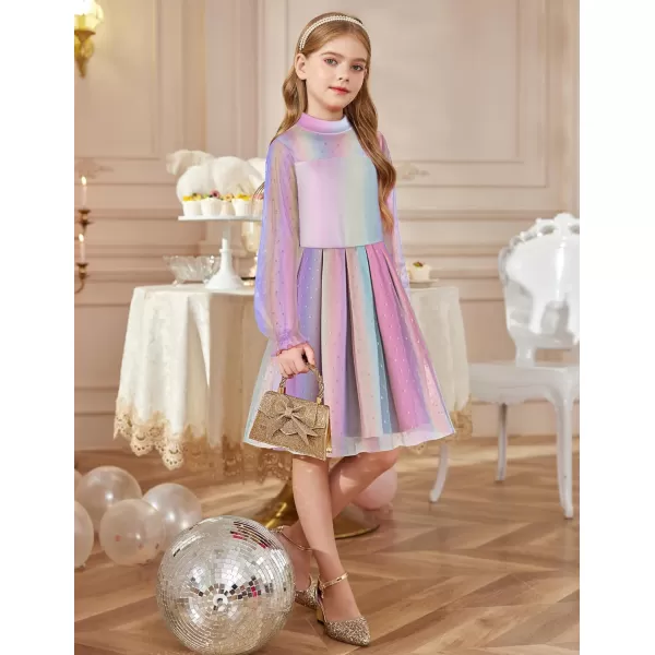 Arshiner Girls Dresses Contrast Mesh Puff Long Sleeve Mock Neck Formal Party A Line Short Tulle Dress