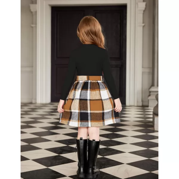 Arshiner Girls Dresses Long Sleeve Rib Knit Plaid Patchwork Belted Dress with Pockets
