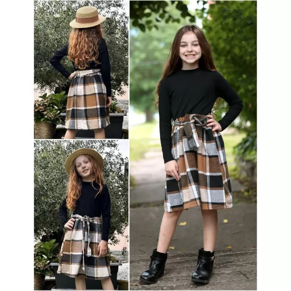 Arshiner Girls Dresses Long Sleeve Rib Knit Plaid Patchwork Belted Dress with Pockets