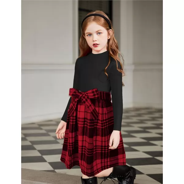 Arshiner Girls Dresses Long Sleeve Rib Knit Plaid Patchwork Belted Dress with Pockets