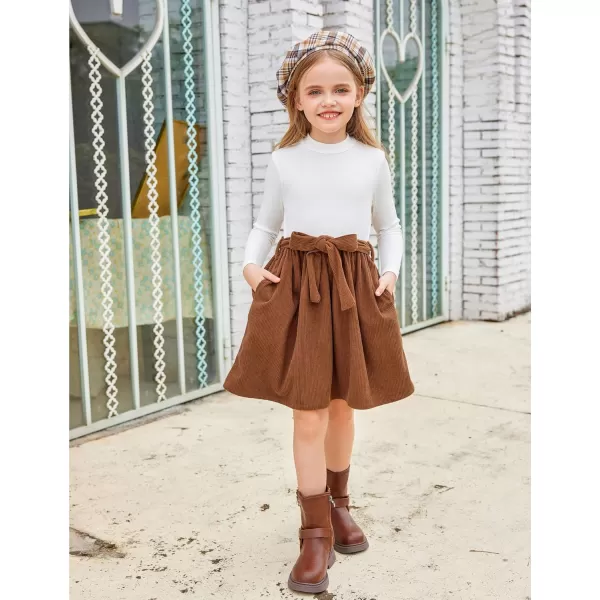 Arshiner Girls Dresses Long Sleeve Rib Knit Plaid Patchwork Belted Dress with Pockets