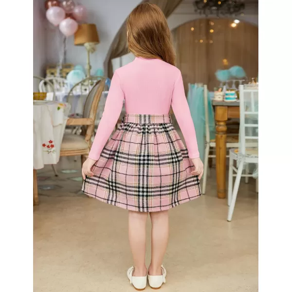 Arshiner Girls Dresses Long Sleeve Rib Knit Plaid Patchwork Belted Dress with Pockets