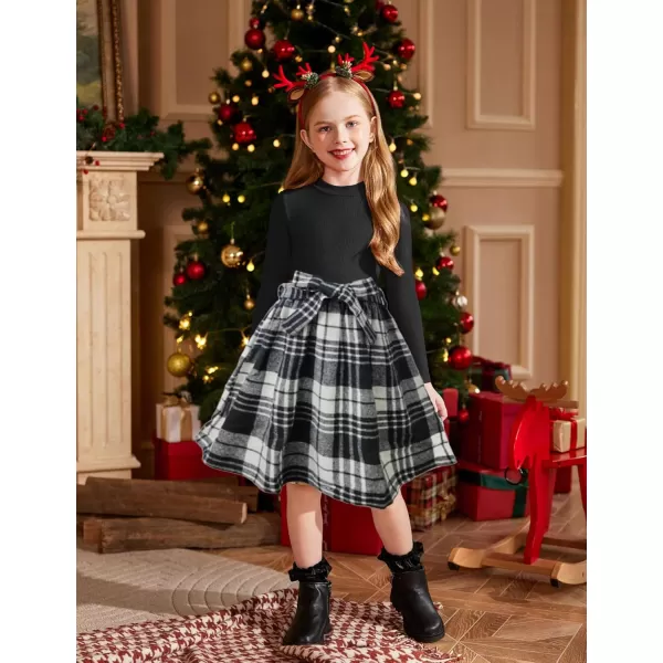 Arshiner Girls Dresses Long Sleeve Rib Knit Plaid Patchwork Belted Dress with Pockets