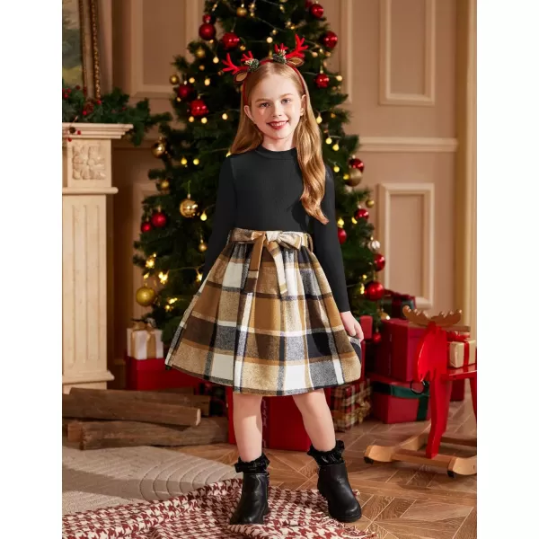 Arshiner Girls Dresses Long Sleeve Rib Knit Plaid Patchwork Belted Dress with Pockets