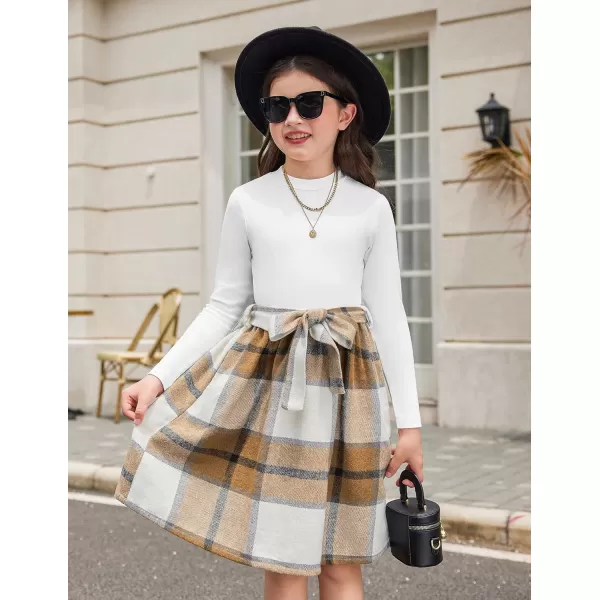 Arshiner Girls Dresses Long Sleeve Rib Knit Plaid Patchwork Belted Dress with Pockets