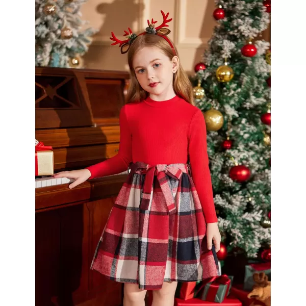 Arshiner Girls Dresses Long Sleeve Rib Knit Plaid Patchwork Belted Dress with Pockets