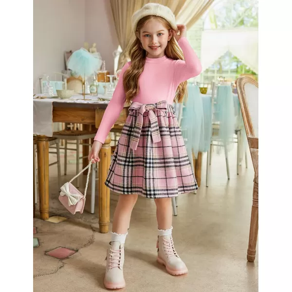 Arshiner Girls Dresses Long Sleeve Rib Knit Plaid Patchwork Belted Dress with Pockets