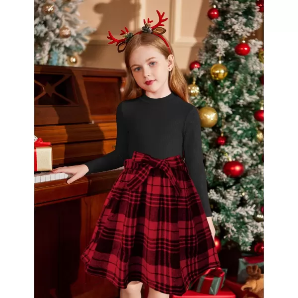 Arshiner Girls Dresses Long Sleeve Rib Knit Plaid Patchwork Belted Dress with Pockets