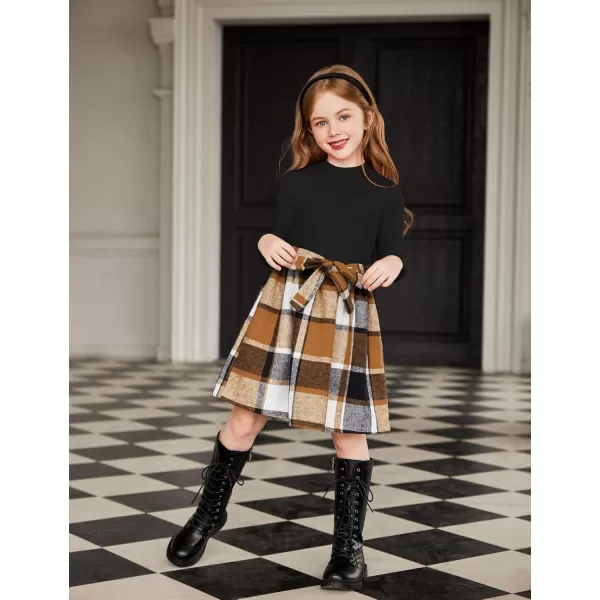 Arshiner Girls Dresses Long Sleeve Rib Knit Plaid Patchwork Belted Dress with Pockets