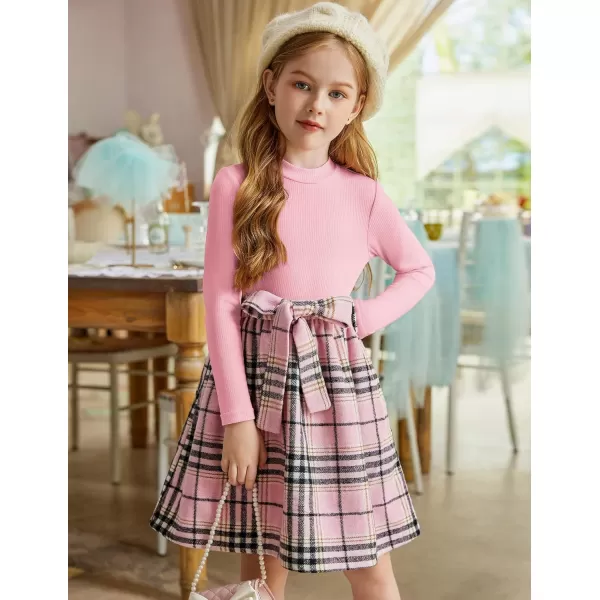 Arshiner Girls Dresses Long Sleeve Rib Knit Plaid Patchwork Belted Dress with Pockets
