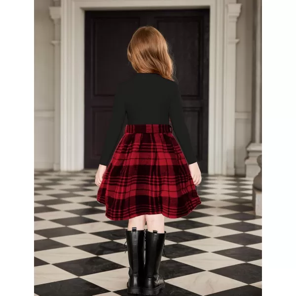 Arshiner Girls Dresses Long Sleeve Rib Knit Plaid Patchwork Belted Dress with Pockets