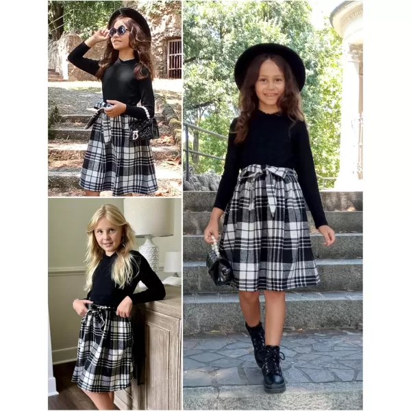 Arshiner Girls Dresses Long Sleeve Rib Knit Plaid Patchwork Belted Dress with Pockets