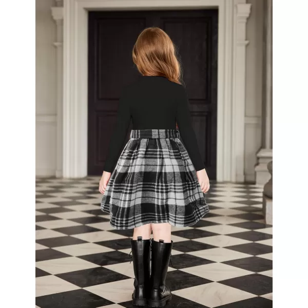 Arshiner Girls Dresses Long Sleeve Rib Knit Plaid Patchwork Belted Dress with Pockets