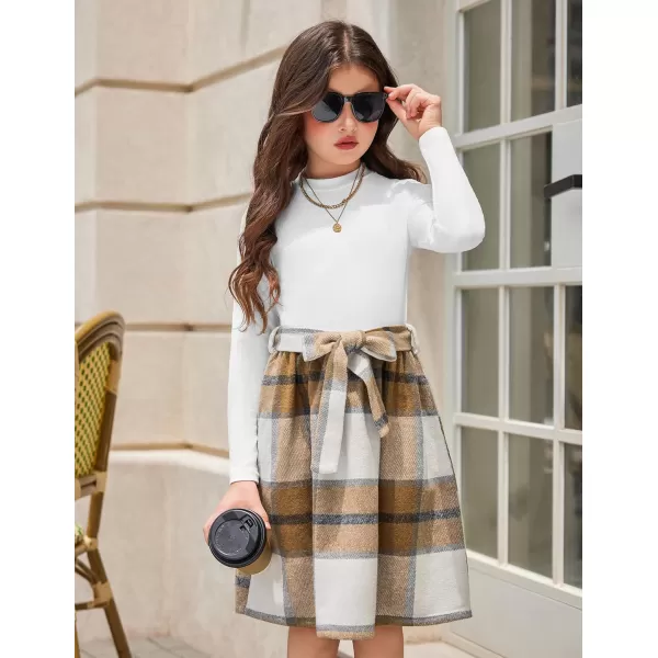 Arshiner Girls Dresses Long Sleeve Rib Knit Plaid Patchwork Belted Dress with Pockets