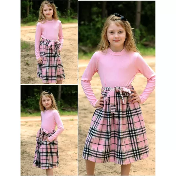 Arshiner Girls Dresses Long Sleeve Rib Knit Plaid Patchwork Belted Dress with Pockets