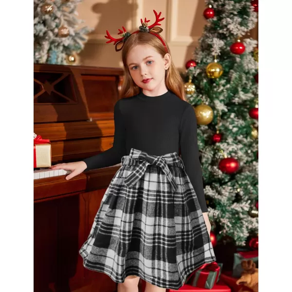 Arshiner Girls Dresses Long Sleeve Rib Knit Plaid Patchwork Belted Dress with Pockets