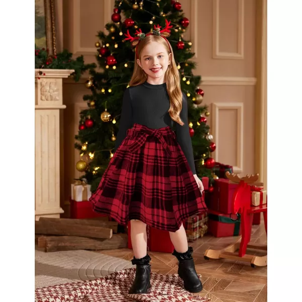 Arshiner Girls Dresses Long Sleeve Rib Knit Plaid Patchwork Belted Dress with Pockets