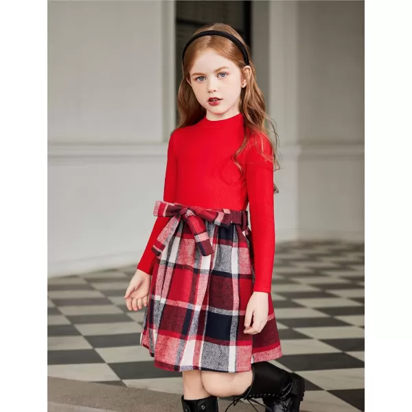 Arshiner Girls Dresses Long Sleeve Rib Knit Plaid Patchwork Belted Dress with Pockets