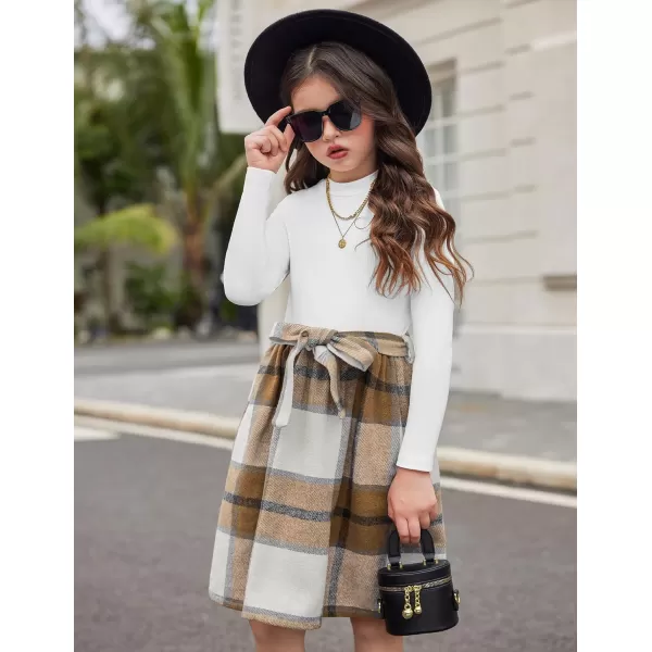 Arshiner Girls Dresses Long Sleeve Rib Knit Plaid Patchwork Belted Dress with Pockets