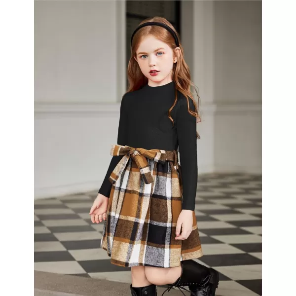 Arshiner Girls Dresses Long Sleeve Rib Knit Plaid Patchwork Belted Dress with Pockets