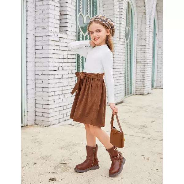 Arshiner Girls Dresses Long Sleeve Rib Knit Plaid Patchwork Belted Dress with Pockets