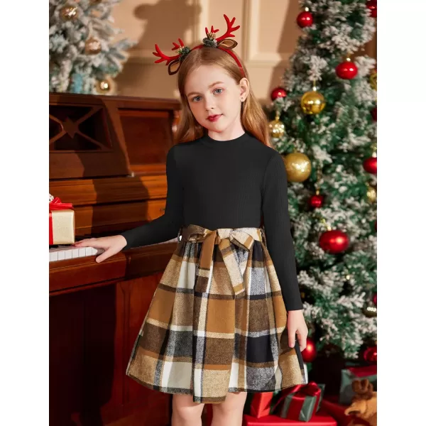 Arshiner Girls Dresses Long Sleeve Rib Knit Plaid Patchwork Belted Dress with Pockets