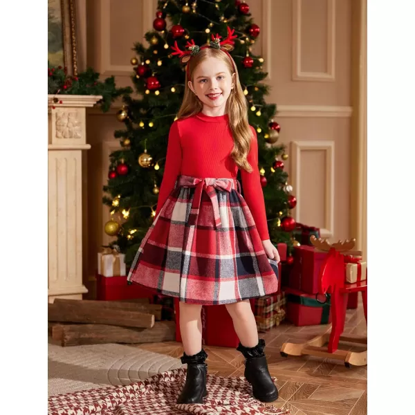 Arshiner Girls Dresses Long Sleeve Rib Knit Plaid Patchwork Belted Dress with Pockets