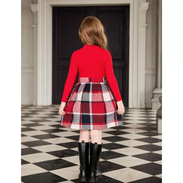 Arshiner Girls Dresses Long Sleeve Rib Knit Plaid Patchwork Belted Dress with Pockets