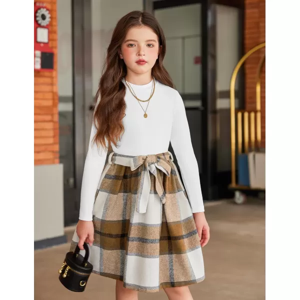 Arshiner Girls Dresses Long Sleeve Rib Knit Plaid Patchwork Belted Dress with Pockets
