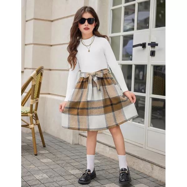 Arshiner Girls Dresses Long Sleeve Rib Knit Plaid Patchwork Belted Dress with Pockets