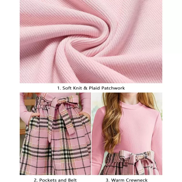 Arshiner Girls Dresses Long Sleeve Rib Knit Plaid Patchwork Belted Dress with Pockets