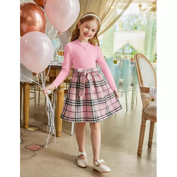 Arshiner Girls Dresses Long Sleeve Rib Knit Plaid Patchwork Belted Dress with Pockets