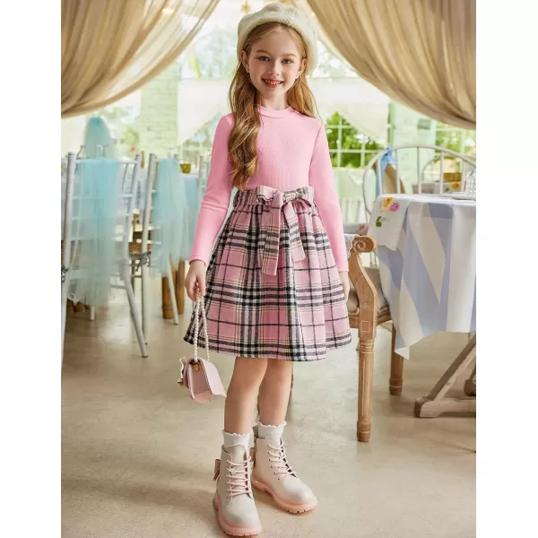 Arshiner Girls Dresses Long Sleeve Rib Knit Plaid Patchwork Belted Dress with Pockets